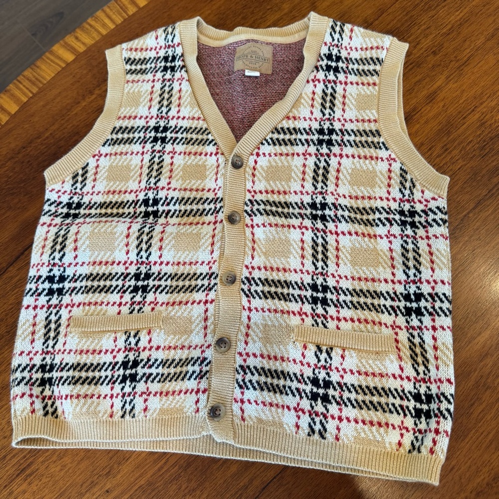 Hope & Henry Boys 100% Organic Cotton Tan Tartan Button‎ Front Sweater Vest Sz L